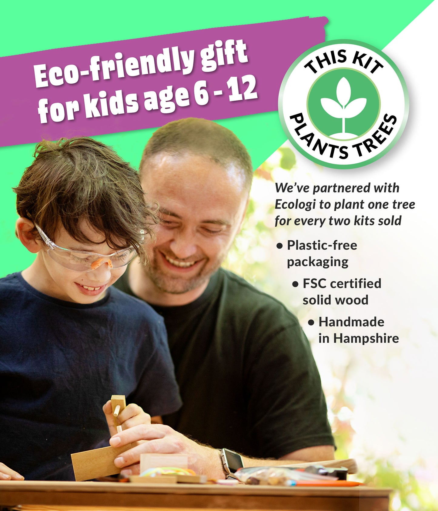 A child smiling and concentrating on sanding, building and decorating their Ash & Co MAKES wooden craft kit model