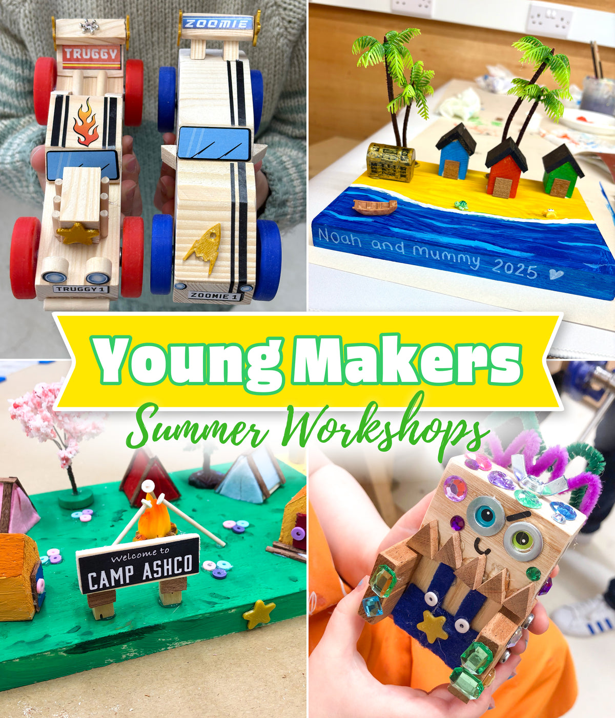 Collage of woodwork projects made by children at the Ash & Co 'Young Makers Summer Workshops'