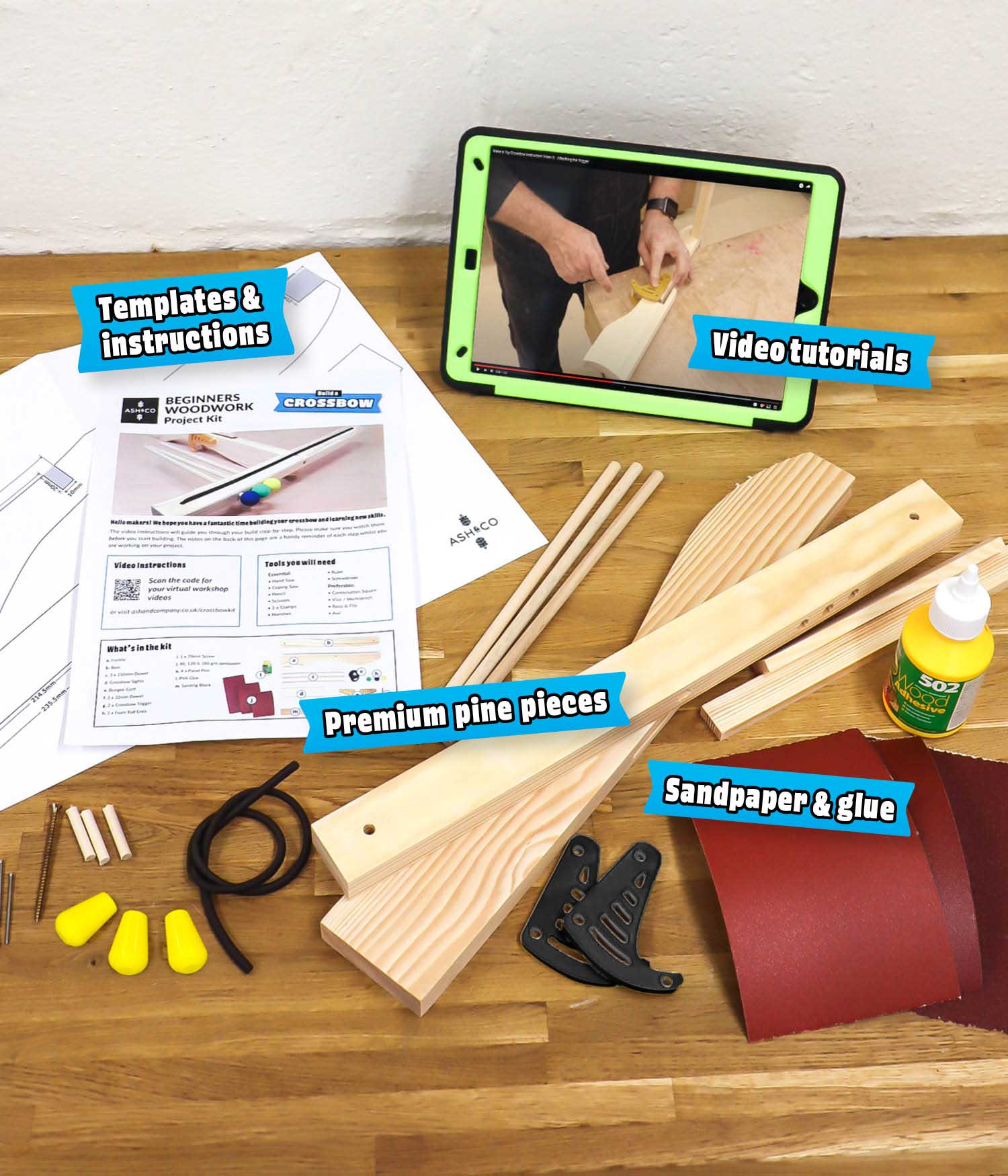 Make a toy crossbow kit - woodwork kit with real pine wooden pieces - What's in the kit?