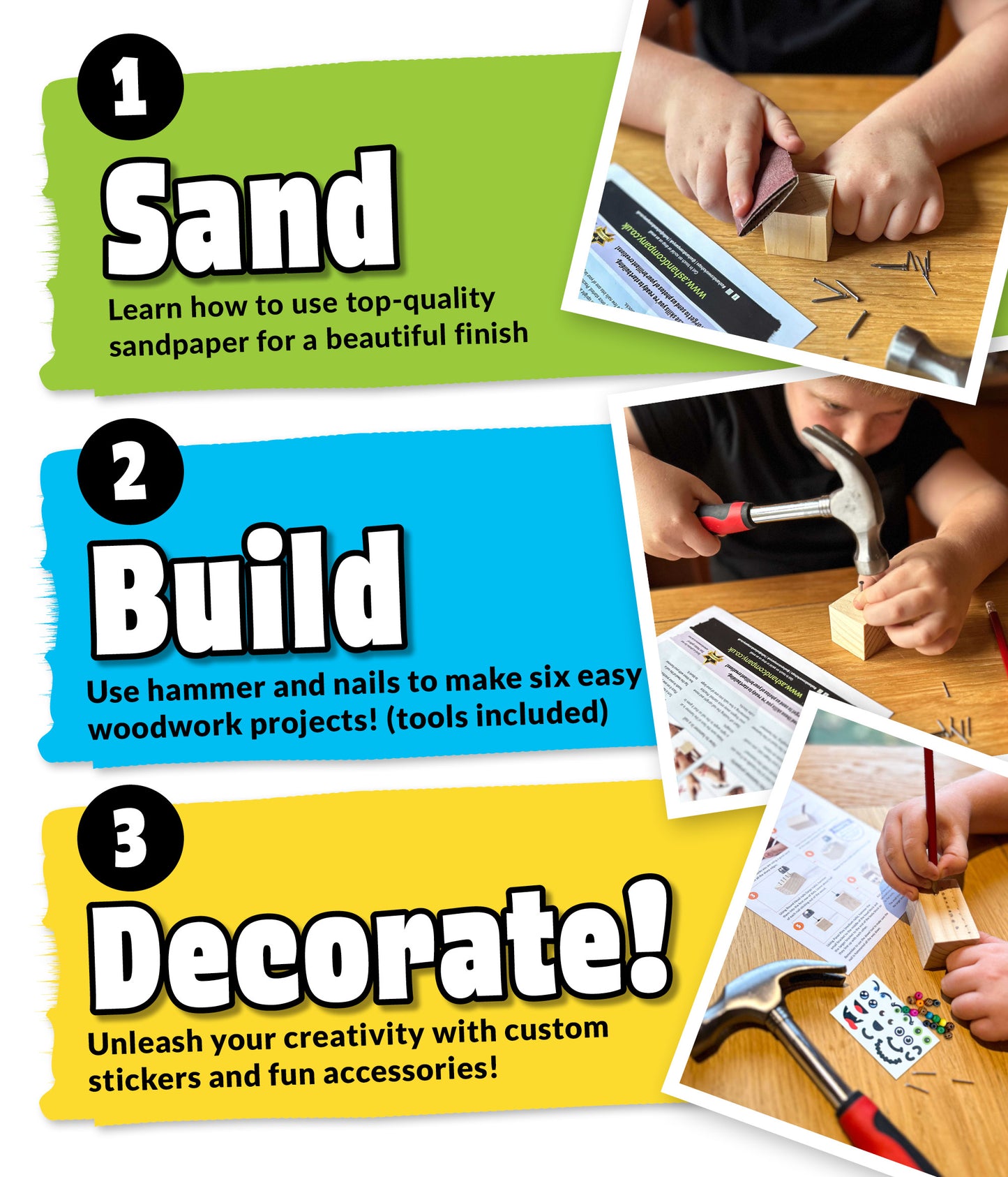 Sand, build and decorate six fun and easy-to-make woodworking projects for kids with this beginners woodwork kit from Ash and Co.