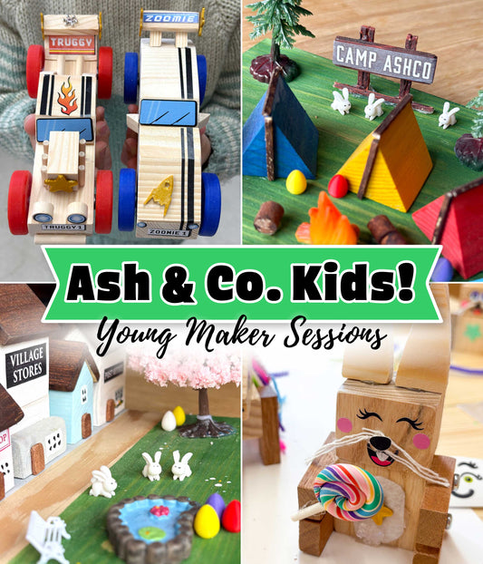 Collage of Easter children's craft projects made at an 'Ash & Co. Kids! Young Maker Sessions workshop