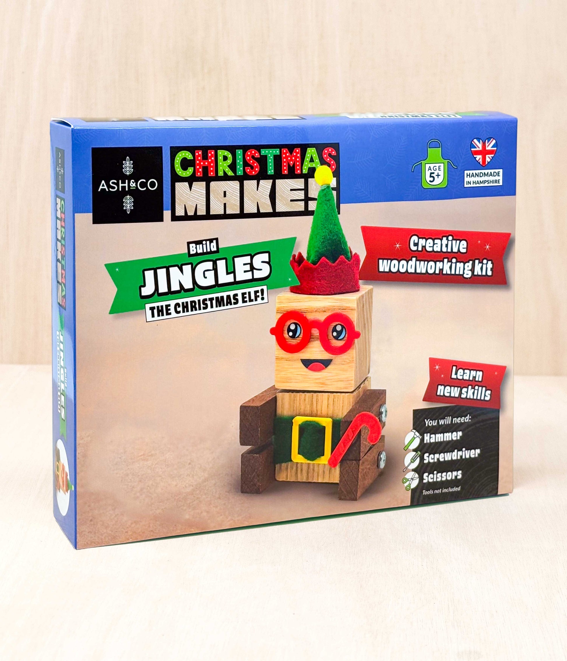 Colourful packaging for Jingles the Christmas Elf, a fun craft kit for children age 5+