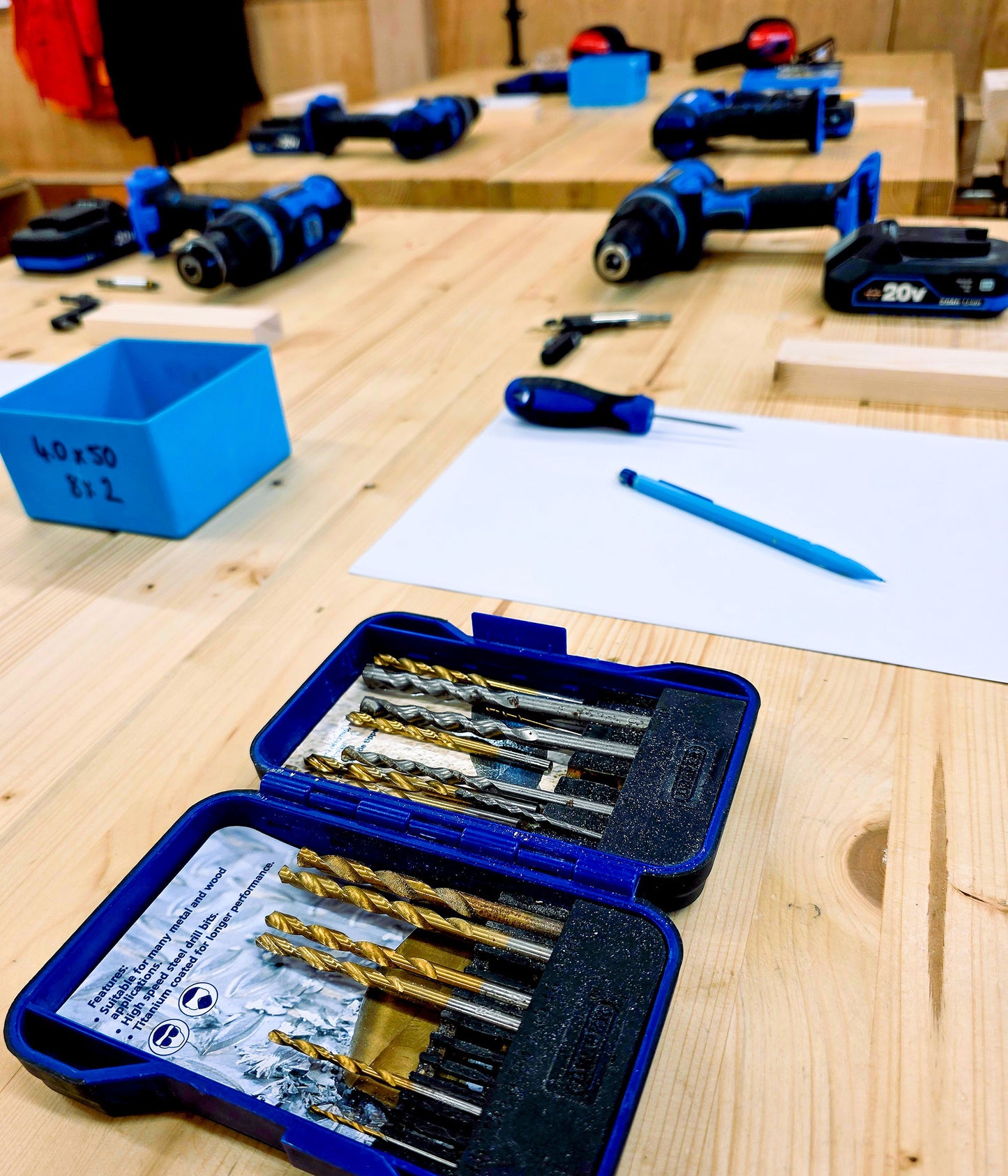 Set of drill bits used during beginner DIY skills training