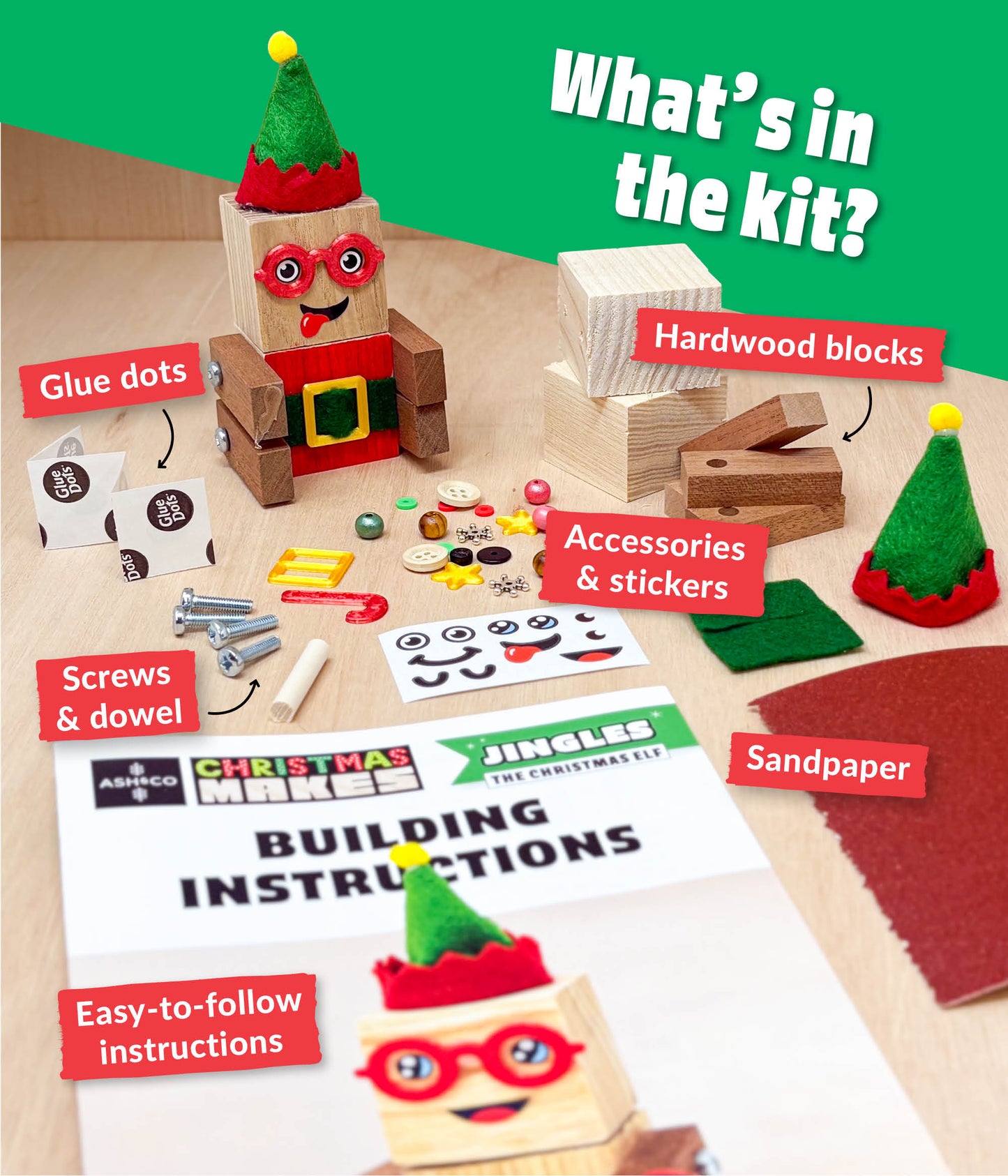 Hardwood blocks, decorations, stickers, accessories, sandpaper and glue dots that make up the Jingles the Elf Christmas craft kit from Ash and Co Workshops