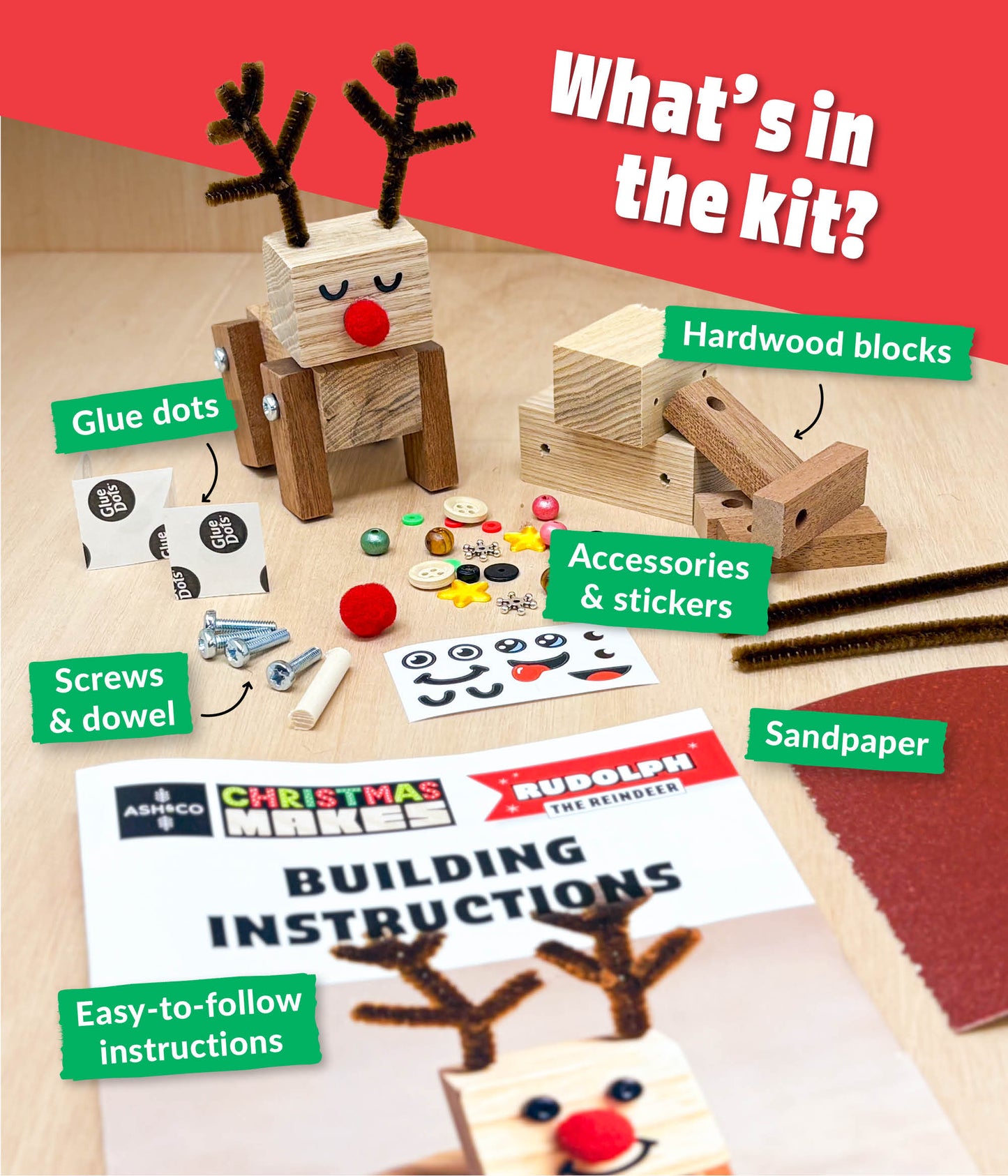 Blocks, stickers, accessories and instructions making up the Rudolph the Reindeer Mini Maker wood craft kit for kids