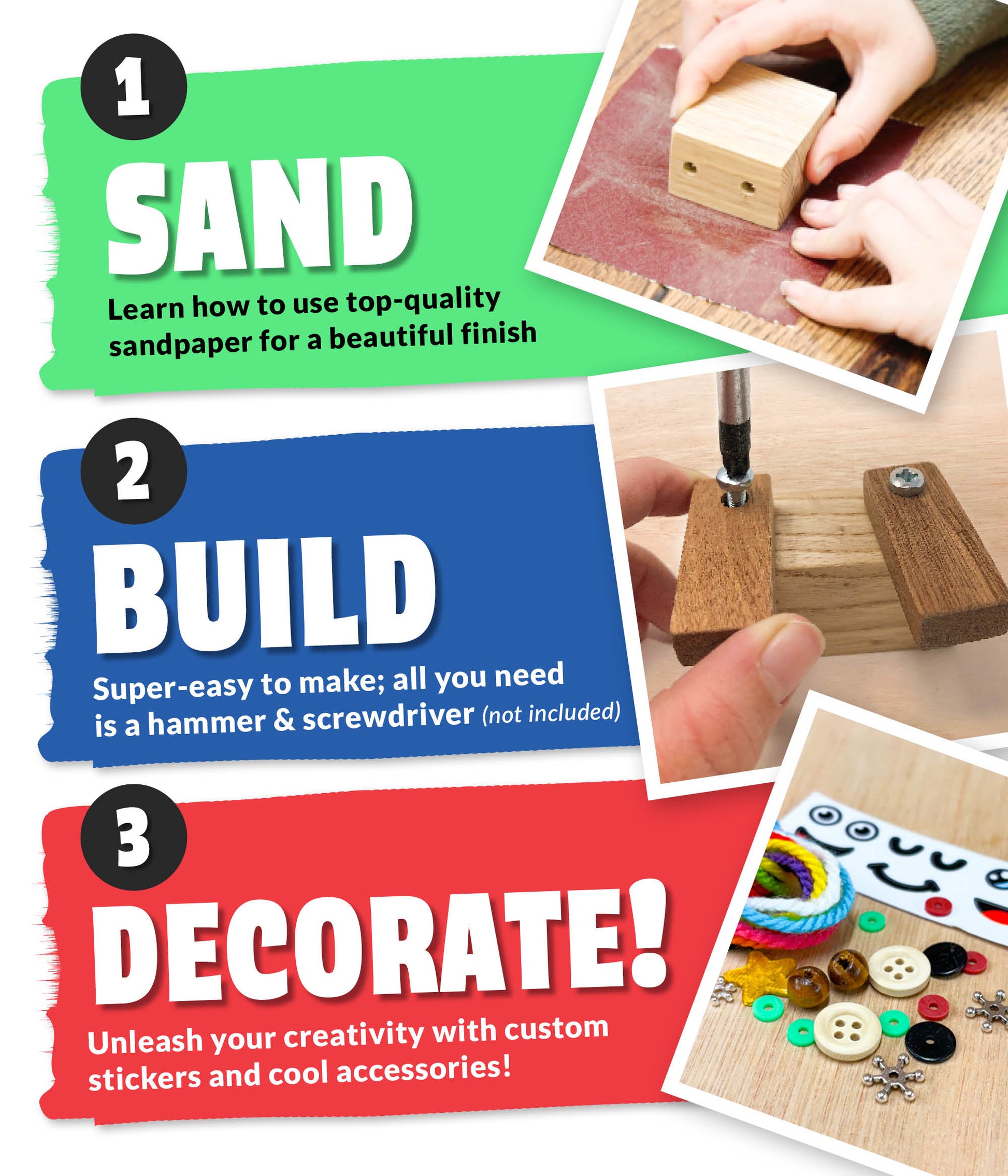 Sand, Build and Decorate a mini wooden reindeer with this Christmas craft kit for children age 5+
