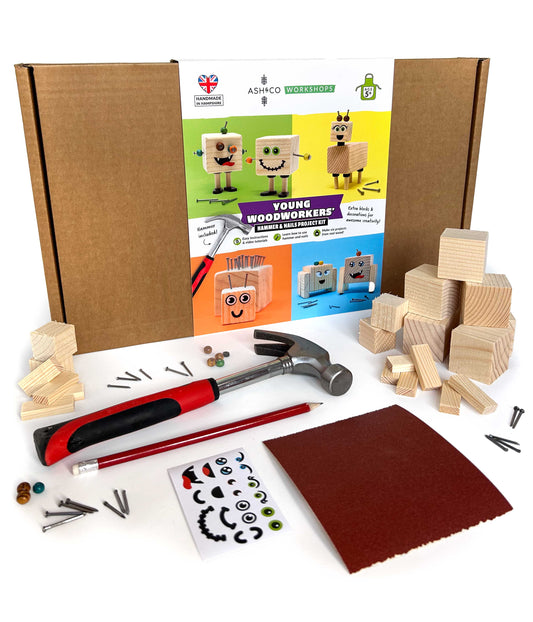 Young Woodworker Hammer and Nails Project Kit - Fun and educational construction set to teach woodwork skills to children.