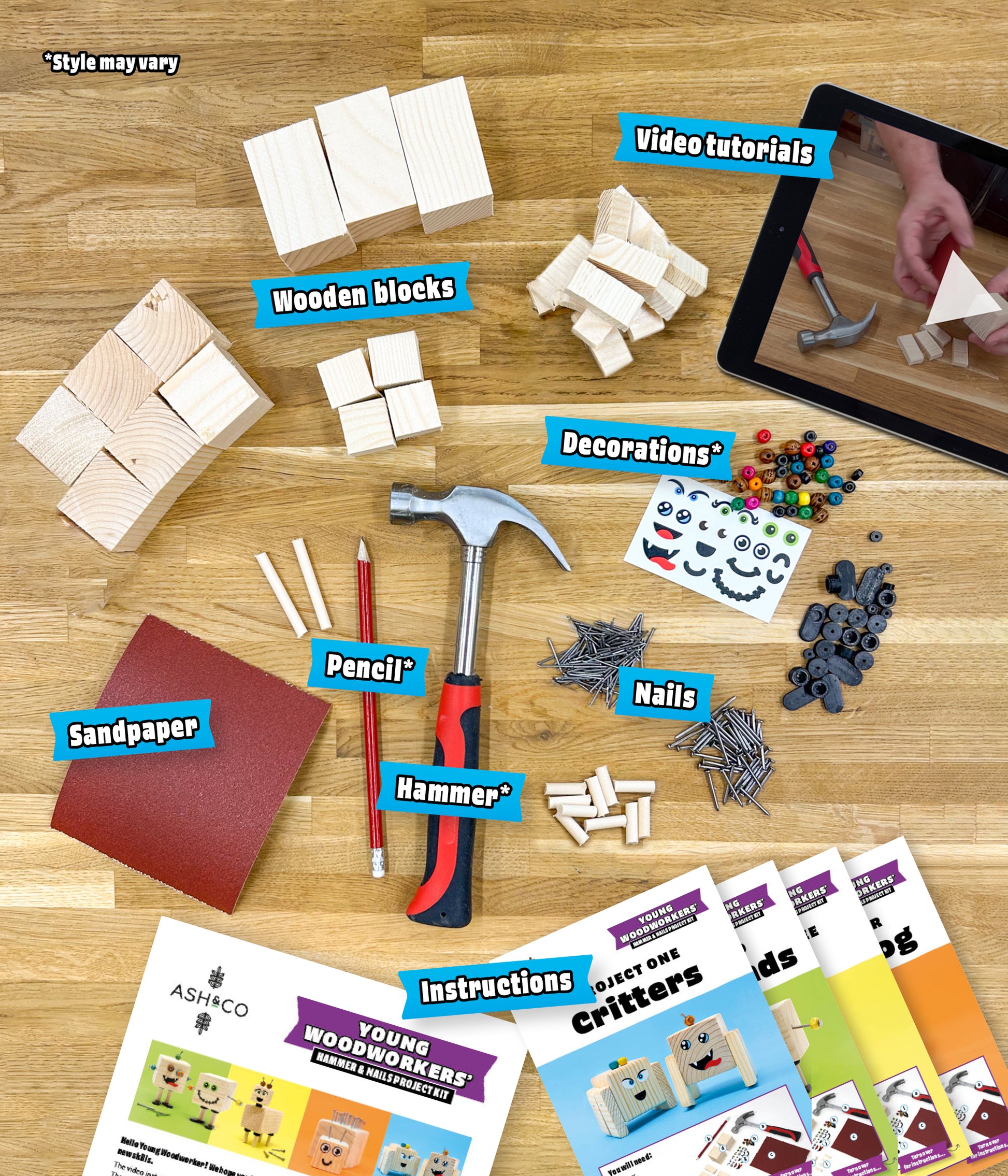 Young Woodworkers hammer and nails project kit for kids - whats in the kit? Includes proper hammer, pencil, sandpaper, nails, wooden blocks and instructions.