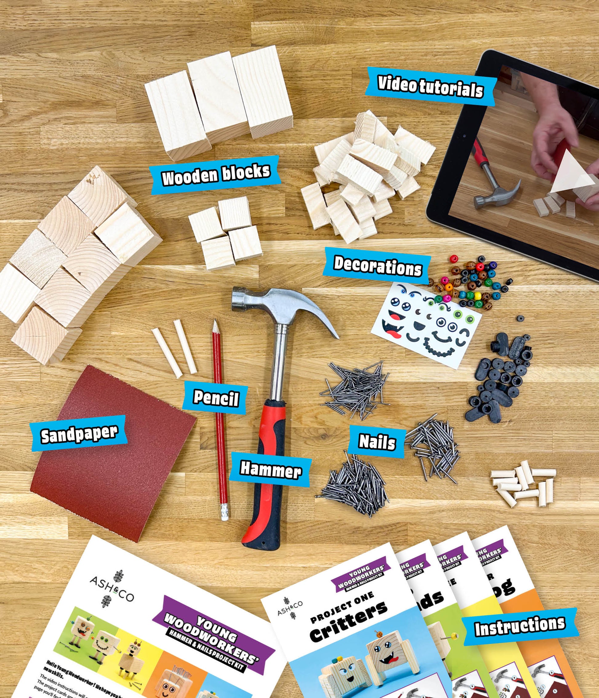 Young Woodworkers hammer and nails project kit for kids - whats in the kit? Includes proper hammer, pencil, sandpaper, nails, wooden blocks and instructions.