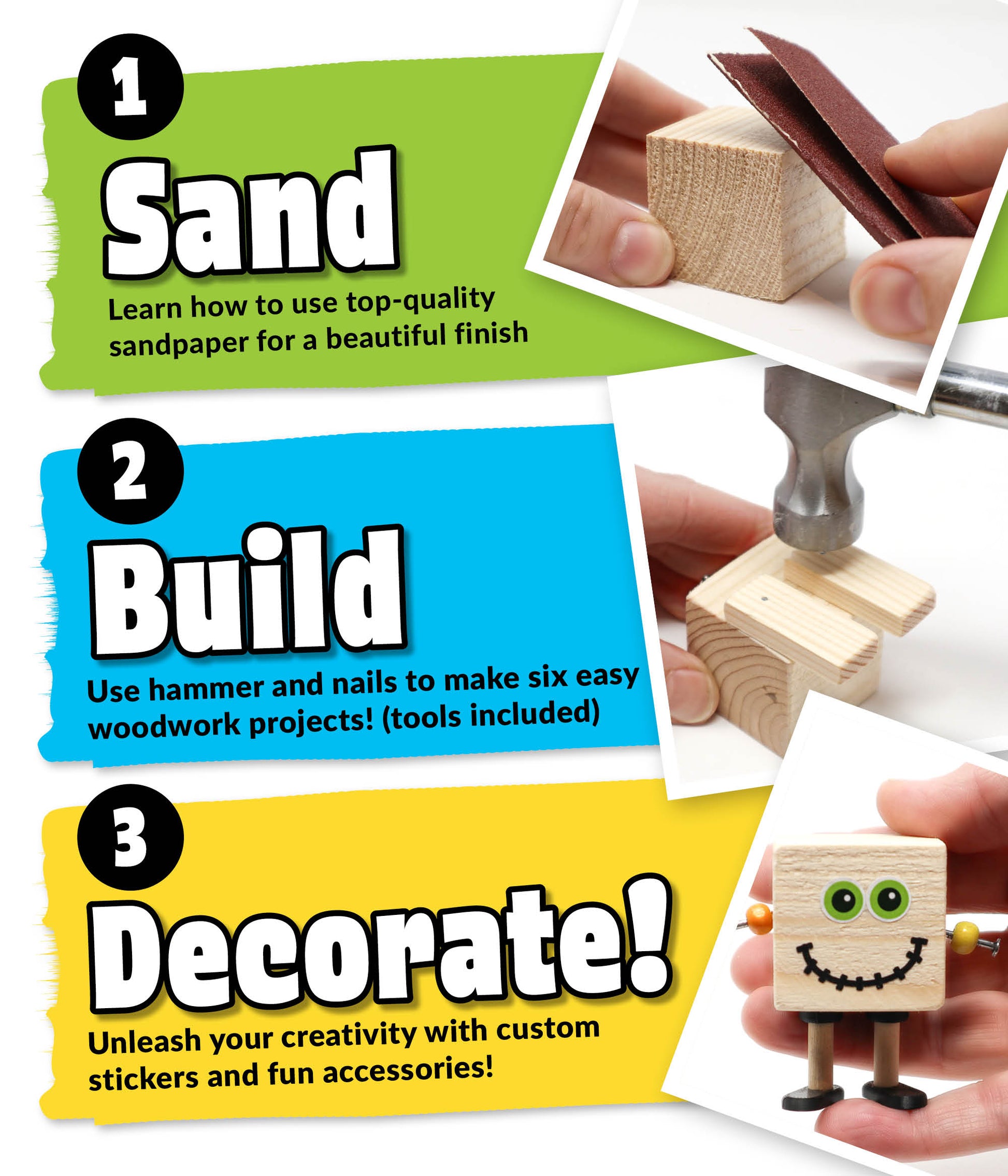 Sand, build and decorate six fun and easy-to-make woodworking projects for kids with this beginners woodwork kit from Ash and Co.