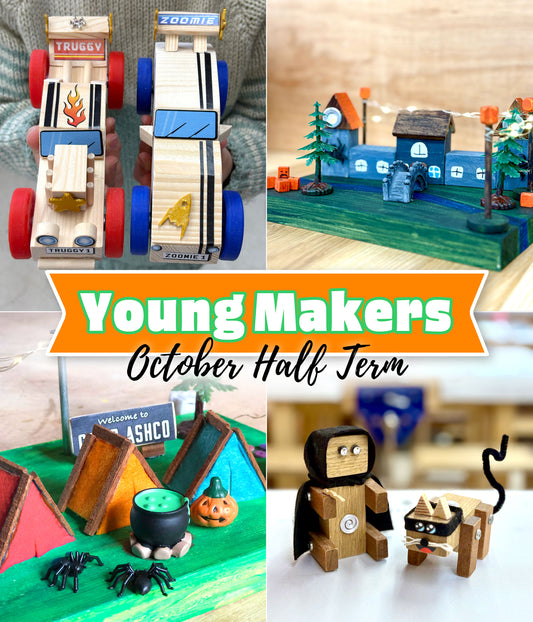 A collage showcasing wooden projects made by children at Ash and Co Workshops school holiday activity sessions. A central orange banner reads 'Young Makers October Half Term'.