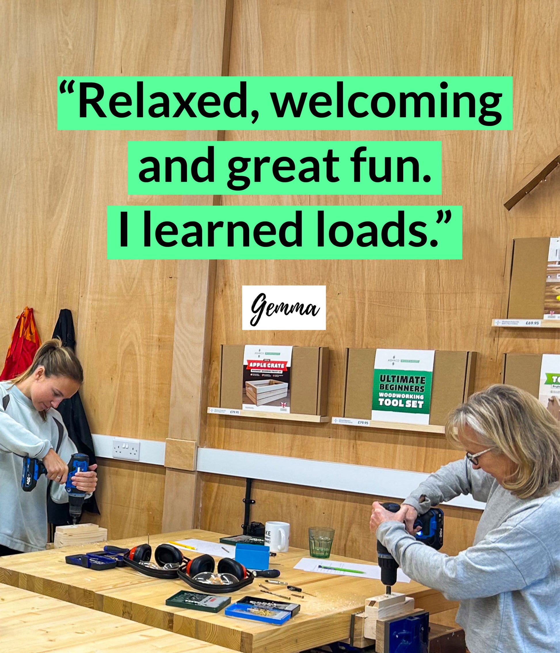 DIY in a Day workshop testimonial describing a relaxed, welcoming environment and learning valuable home improvement skills.
