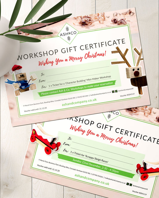 Christmas gift vouchers for Ash & Co Workshops woodwork and DIY training experience days and craft workshops for kids